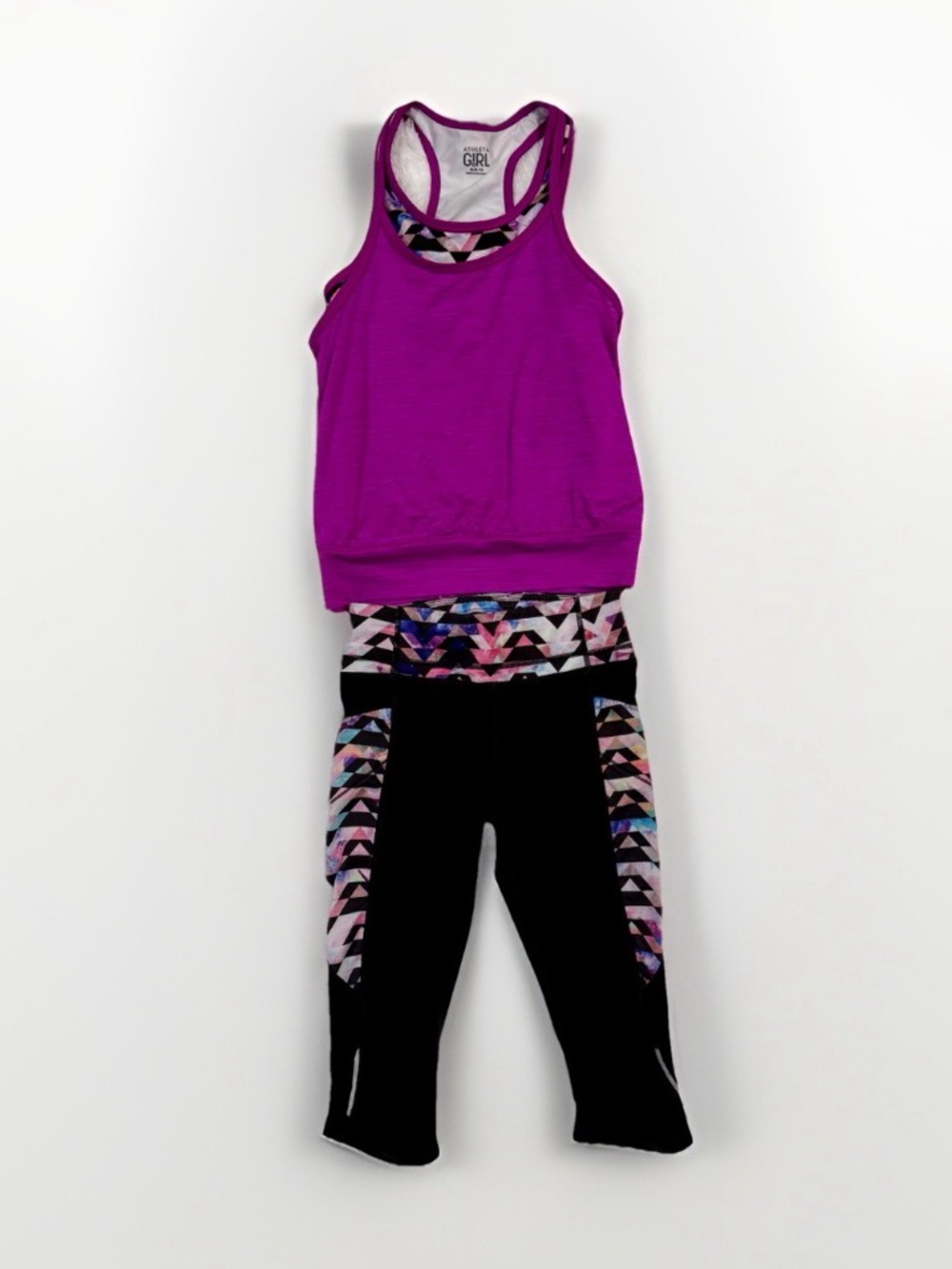 Athleta Girl Set Fuschia Support Bra Tank 8-10 Disco Geo Print Capri Leggings 7